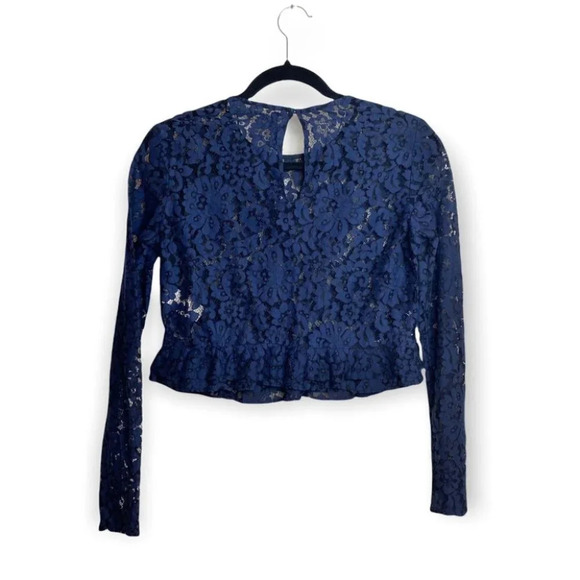 ZARA Trafaluc Navy Blue  Floral Lace Peplum Croppped Long Sleeve Top - Picture 3 of 9